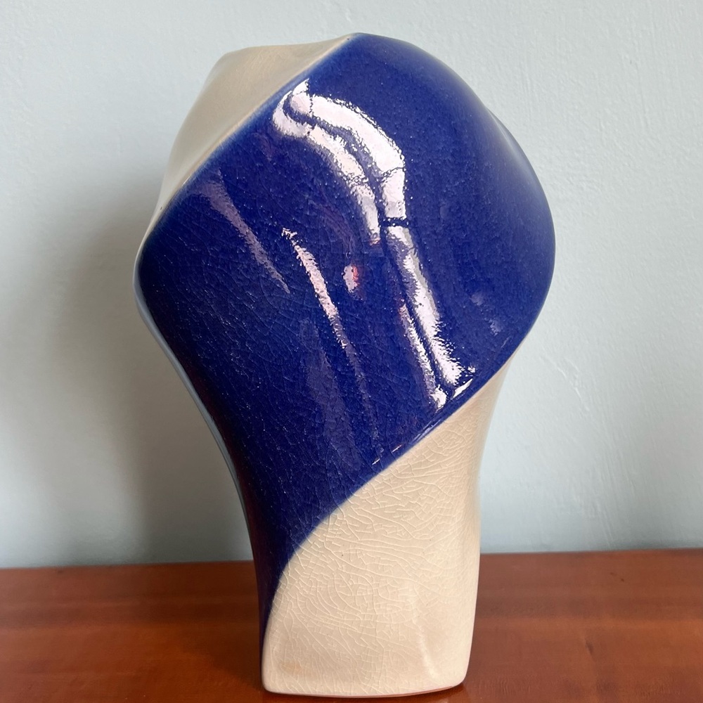 Modern Twist Art Pottery Vase 9 1/4” Blue & Cream Crackle Glaze